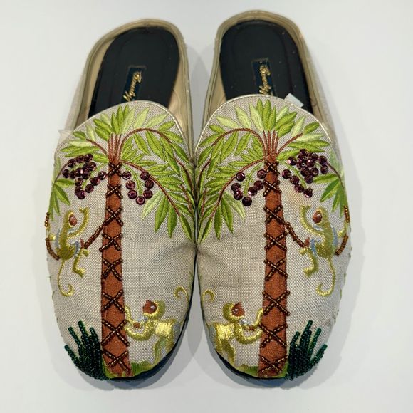 Beverly Feldman Beaded Monkey Palm Mules Vintage 7B - Picture 7 of 9